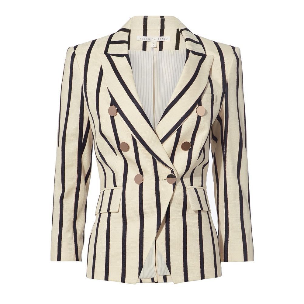 Veronica Beard Cream and Black Striped Double-Breasted Blazer